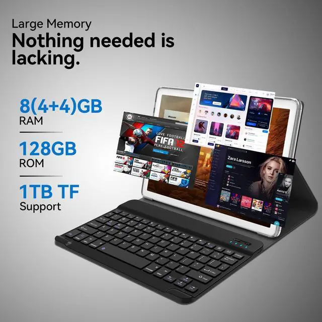 Alt view image 3 of 5 - 2 in 1 Tablet with Keyboard, 2024 Latest Tablets Android 4+4+128GB ROM, 10 Inch Tablet with Octa-Core Chip Support 5+2.4Ghz WiFi, 7000mAh Battery, Bluetooth 5.0, GPS, HD Touch Screen-Silver