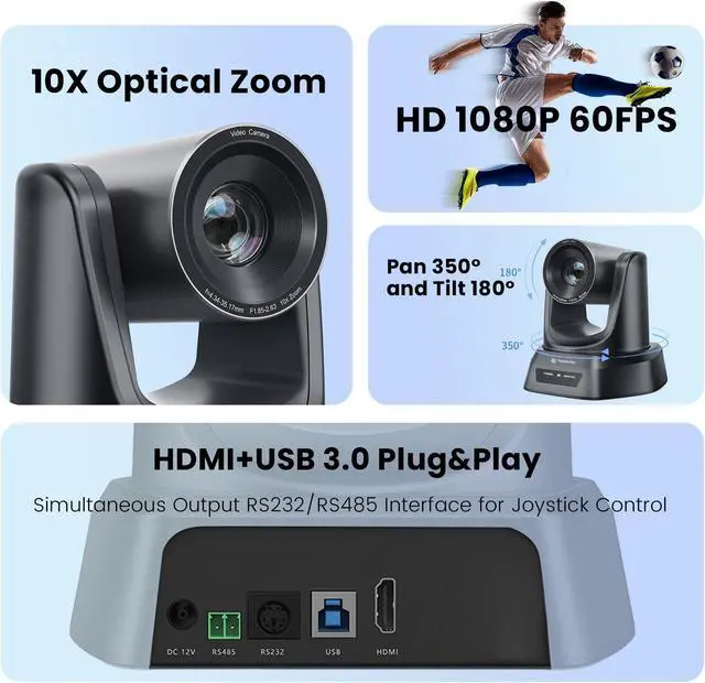 Alt view image 2 of 5 - TONGVEO HDMI/USB PTZ Camera 10X Optical Zoom 60fps 1080P Video Conference Camera for Church Worship Live Streaming Meeting Online Learn with Zoom Skype OBS and More
