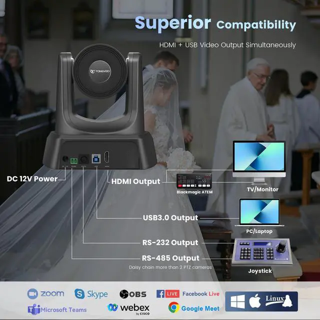 Alt view image 4 of 5 - TONGVEO HDMI/USB PTZ Camera 10X Optical Zoom 60fps 1080P Video Conference Camera for Church Worship Live Streaming Meeting Online Learn with Zoom Skype OBS and More
