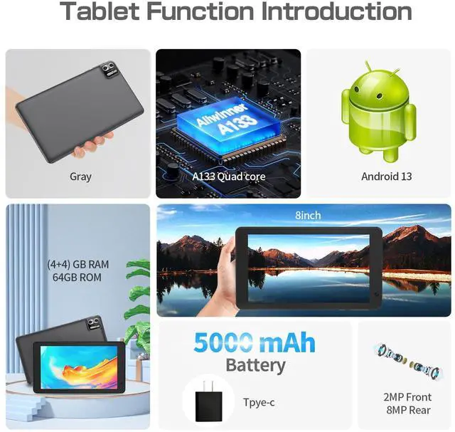 Alt view image 3 of 5 - VOLENTEX 8 inch Tablet Android 13 Tablets,Quad-Core Tablet PC,8GB RAM+64GB ROM 512GB Expand,5000mAh Battery, 2+8MP Dual Cameras, Bluetooth, 2.4G/5G WiFi Tablets(Gray)