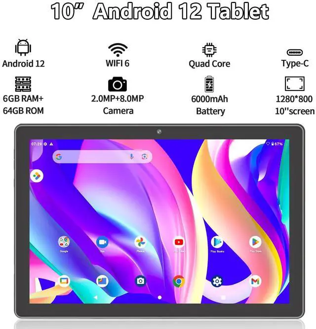 Alt view image 3 of 5 - VOLENTEX Android Tablet,10 inch Andriod 12 Tablet with 6+64GB ROM, Quad-Core Processor, Google Certified, 1280 * 800 IPS HD Display, Daul Camera, 6000mAh Battery, WiFi 6, Bluetooth (Gray)