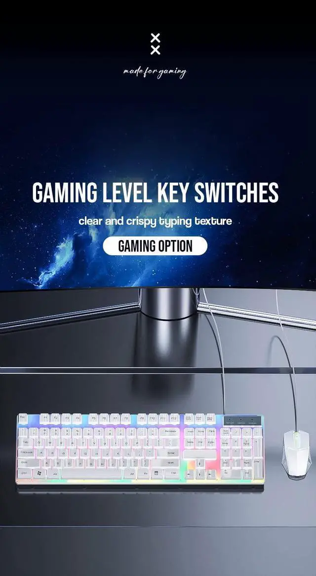 Alt view image 3 of 5 - Wired Gaming Keyboard and Mouse Combo with Glowing Rainbow Backlit, Ergonomic Design with Adjustable inclination, Muted Typing, Gaming Keyboard and Mouse for PC Gamers/Laptop - White