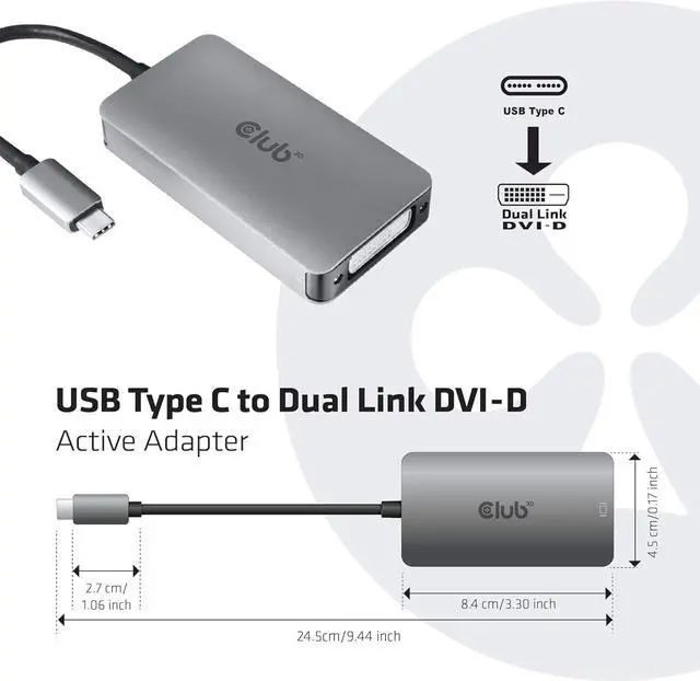 Alt view image 3 of 5 - Club 3D CAC-1510 USB Type C to Dual Link DVI-D Cable Adapter Support 3840x2160@30hz, 2560x1600@60Hz HDCP Support M/F