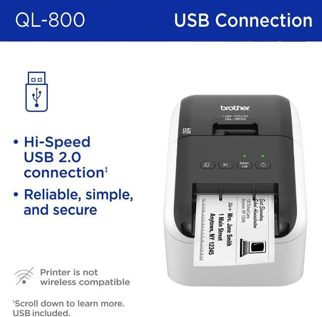 Alt view image 2 of 2 - Brother QL-800 High-Speed Professional Label Printer, Plug & Label Feature, Brother Genuine DK Pre-Sized Labels, Multi-System Compatible  Black & Red Printing Available (Required USB Cable Included)