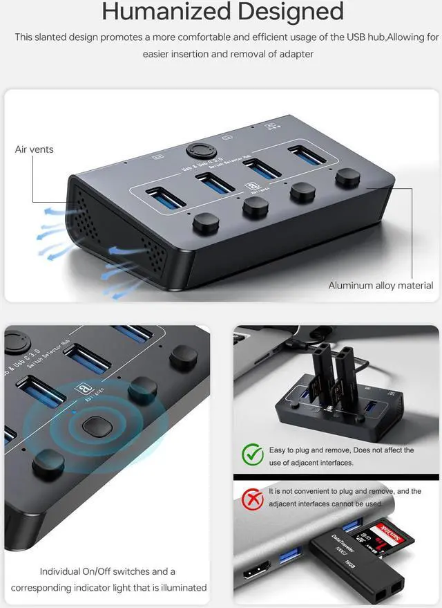 Alt view image 3 of 5 - Abligogo USB 3.0 Switch for USB A & C Devices - Aluminum Alloy USB Switch, Independent Port Control for Mouse, Keyboard, Printer - USB Switcher 2 Computers