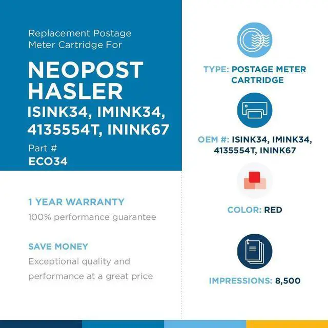 Alt view image 3 of 5 - ecoPost Brand Remanufactered Postage Meter Cartridge Replacement for Quadient Hasler ISINK34, IMINK34, 4135554T, ININK67 | Red