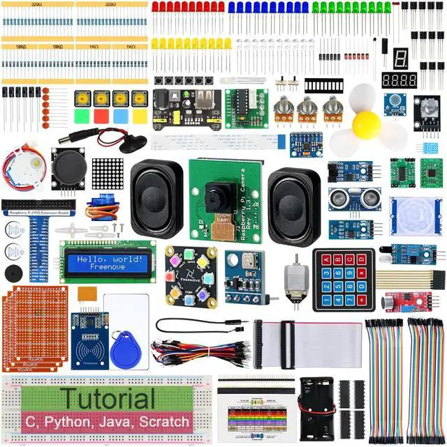 Main image of FREENOVE Complete Starter Kit for Raspberry Pi 5 4 B 3 B+ 400, Python C Java Scratch Code, 708-Page Tutorial, 138 Projects, 386 Items, Camera Speaker Sound Sensor (Raspberry Pi NOT Included)