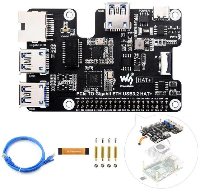 Main image of waveshare PCIe to Gigabit Ethernet and USB 3.2 Gen1 HAT, Compatible with Raspberry Pi 5, 3X USB 3.2 Gen1, 1x Gigabit Ethernet, No Driver Required, Plug and Play