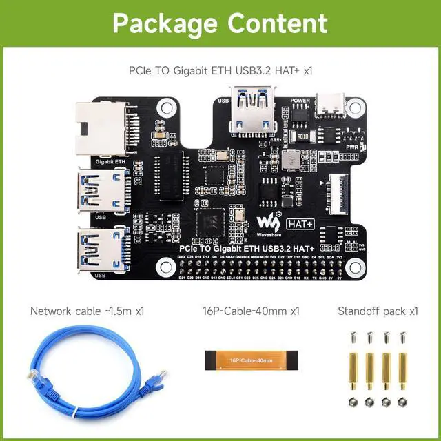 Alt view image 2 of 5 - waveshare PCIe to Gigabit Ethernet and USB 3.2 Gen1 HAT, Compatible with Raspberry Pi 5, 3X USB 3.2 Gen1, 1x Gigabit Ethernet, No Driver Required, Plug and Play