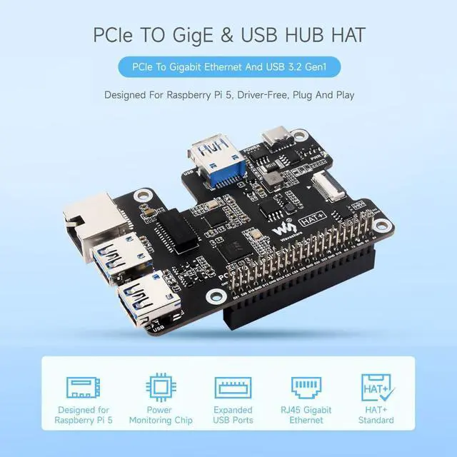 Alt view image 3 of 5 - waveshare PCIe to Gigabit Ethernet and USB 3.2 Gen1 HAT, Compatible with Raspberry Pi 5, 3X USB 3.2 Gen1, 1x Gigabit Ethernet, No Driver Required, Plug and Play