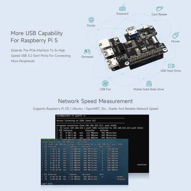 Alt view image 5 of 5 - waveshare PCIe to Gigabit Ethernet and USB 3.2 Gen1 HAT, Compatible with Raspberry Pi 5, 3X USB 3.2 Gen1, 1x Gigabit Ethernet, No Driver Required, Plug and Play