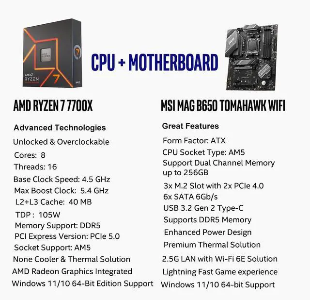 Alt view image 2 of 5 - INLAND MSI MAG B650 Tomahawk WiFi Gaming Motherboard with AMD Ryzen 7 7700X 8-Core 16-Thread AM5 Unlocked Desktop Processor
