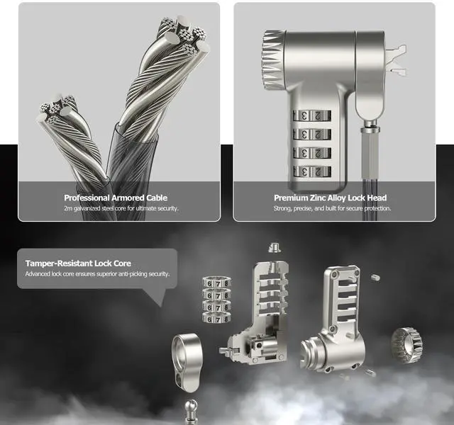 Alt view image 4 of 5 - AboveTEK 3-in-1 Universal Laptop Cable Lock - Professional Laptop Security Combination Lock Compatible with K-Slot, Nano & Wedge Slot - Resettable 4-Digit Steel Locking Cable with 360° Rotating Head