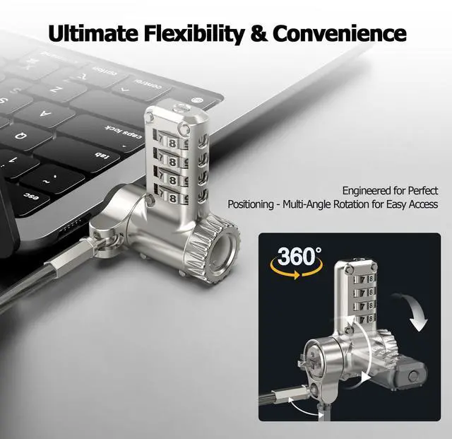 Alt view image 5 of 5 - AboveTEK 3-in-1 Universal Laptop Cable Lock - Professional Laptop Security Combination Lock Compatible with K-Slot, Nano & Wedge Slot - Resettable 4-Digit Steel Locking Cable with 360° Rotating Head