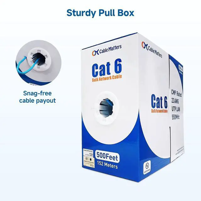 Alt view image 5 of 5 - Cable Matters [UL Listed] 10Gbps Plenum (CMP) Rated 23AWG Bare Copper Cat 6 Cable - 500ft, Solid, UTP Cat6 Bulk Ethernet Cable, Cat6 Ethernet Cord, Blue