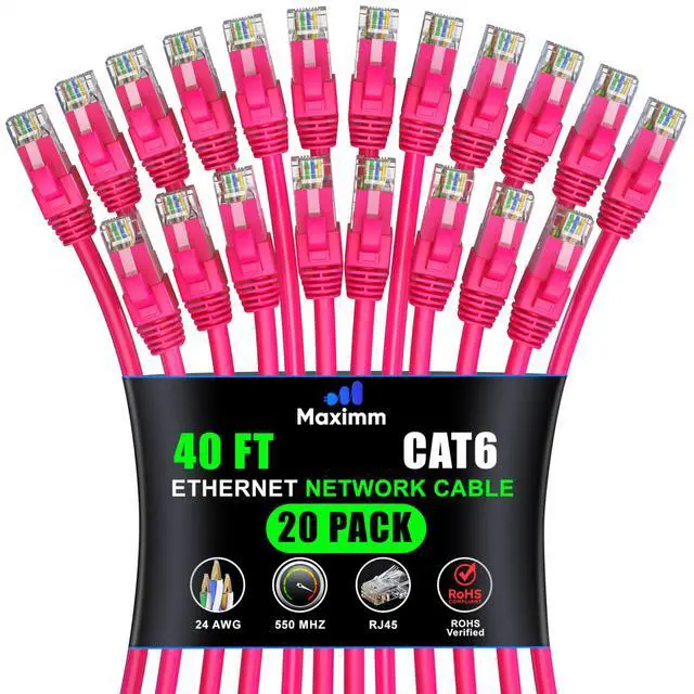 Main image of Maximm Cat 6 Ethernet Cable 40 ft (20-Pack) - High-Speed LAN Cable, Internet Cable, Patch Cable, and Network Cable - UTP, 10Gbps, 550MHz Ethernet Cord - Pink