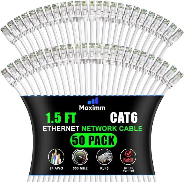 Main image of Maximm Cat 6 Ethernet Cable - 1.5 ft (50-Pack) - High-Speed LAN, Internet, Patch, and Network Cable - UTP, 10Gbps, 550MHz Ethernet Cord - White
