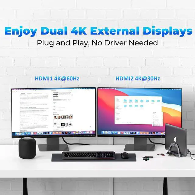 Alt view image 3 of 5 - 4URPC USB C Docking Station Dual Monitor 4K for MacBook Pro/Air, Laptop Docking Station Stand Dual HDMI for Mac, Laptop Dock with 2 HDMI Ports, PD3.0, Ethernet, 3USB, SD/TF, Audio