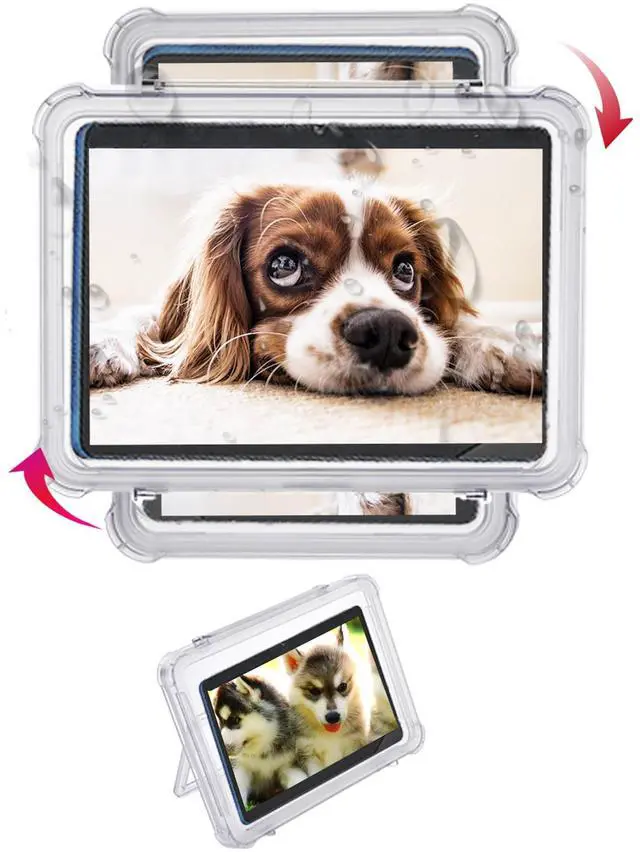 Main image of ABHILWY Shower Tablet Holder Waterproof Compatible with Ipad, Wall Mounted Bathroom Tablet Case Rotation, Adhesive Touchable Cradle Glass Mirror Anti-Fog Screen for Kitchen 11.5 inches Transparent