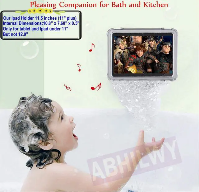 Alt view image 2 of 5 - ABHILWY Shower Tablet Holder Waterproof Compatible with Ipad, Wall Mounted Bathroom Tablet Case Rotation, Adhesive Touchable Cradle Glass Mirror Anti-Fog Screen for Kitchen 11.5 inches Transparent