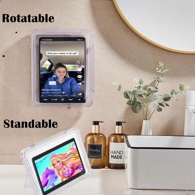 Alt view image 5 of 5 - ABHILWY Shower Tablet Holder Waterproof Compatible with Ipad, Wall Mounted Bathroom Tablet Case Rotation, Adhesive Touchable Cradle Glass Mirror Anti-Fog Screen for Kitchen 11.5 inches Transparent
