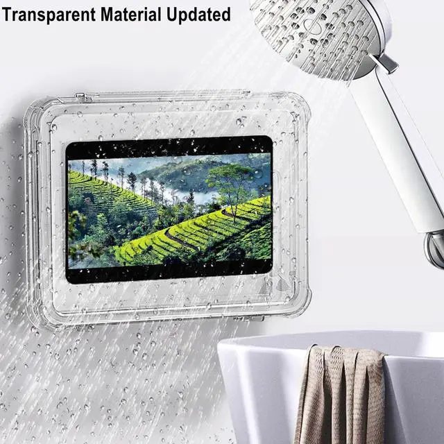 Alt view image 4 of 5 - ABHILWY Shower Tablet Holder Waterproof Compatible with Ipad, Wall Mounted Bathroom Tablet Case Rotation, Adhesive Touchable Cradle Glass Mirror Anti-Fog Screen for Kitchen 11.5 inches Transparent