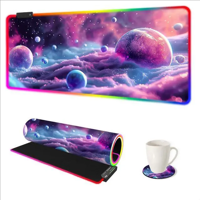 Main image of ARTSO Large RGB Gaming Mouse Pad, Led Big Mouse mat with 14 Light Modes, Extended Soft Computer Keyboard Mat Non-Slip Rubber Base, Colorful Purple Ball
