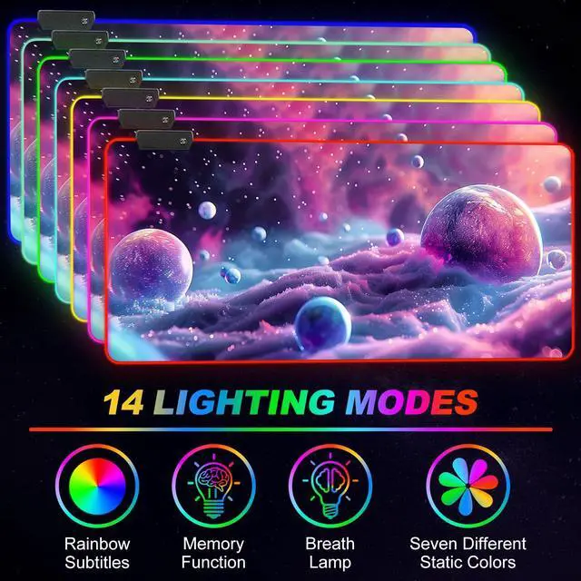 Alt view image 4 of 5 - ARTSO Large RGB Gaming Mouse Pad, Led Big Mouse mat with 14 Light Modes, Extended Soft Computer Keyboard Mat Non-Slip Rubber Base, Colorful Purple Ball