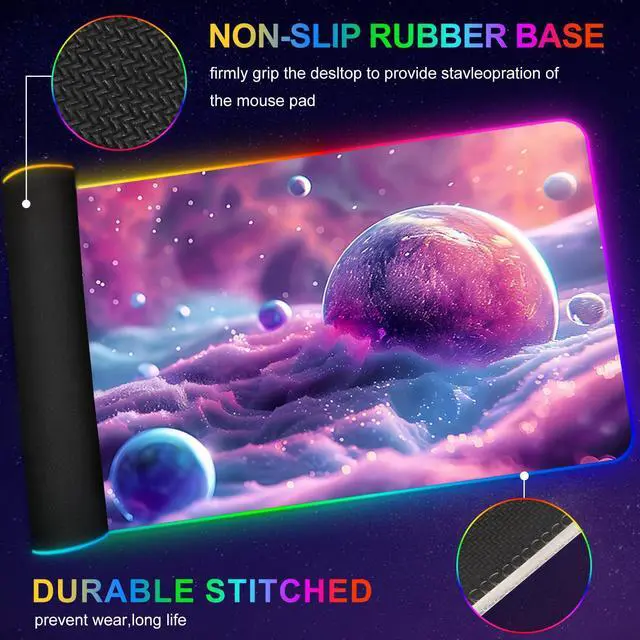 Alt view image 5 of 5 - ARTSO Large RGB Gaming Mouse Pad, Led Big Mouse mat with 14 Light Modes, Extended Soft Computer Keyboard Mat Non-Slip Rubber Base, Colorful Purple Ball