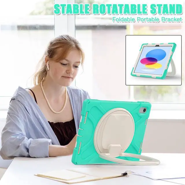 Alt view image 4 of 5 - BKOUNCTK for iPad (A16) 11th/10th Generation Case 2025/2022 (11/10.9),Heavy Sturdy Shockproof Kids Case with Screen Protector,Rotating Stand/Pencil Holder/Shoulder Strap (Mint Green)