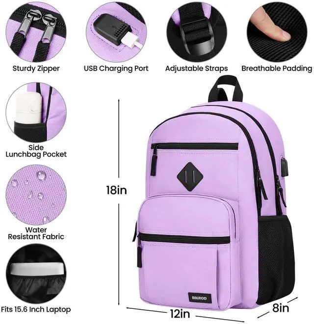 Alt view image 3 of 5 - BIKROD Backpack for Girls Women, School Backpack for Teen Boys, Lightweight Casual High School Bookbag, Daily-use Travel Laptop Backpack with USB Charging Port Fits 15.6 Inch Notebook
