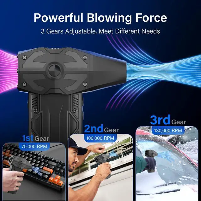 Alt view image 3 of 5 - Compressed Air Duster-4 Gear Adjustable 200,000RPM Storm Electric Air Blower, Rechargeable Cordless Cleaner for Keyboard, PC, Electric Devices Cleaning, Replace Canned Air Compressed Air Cans - Gray