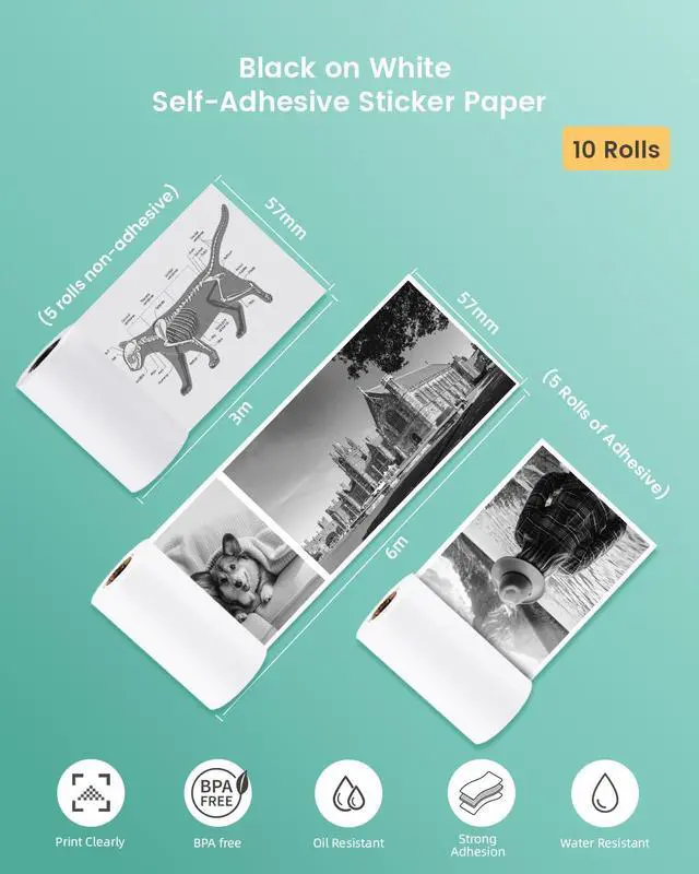 Alt view image 4 of 4 - BORN4SHIP Fifteen Rolls Thermal Paper, 9 Rolls of self-Adhesive Thermal Paper and 6 Rolls Non-Adhesive Thermal Paper + 1 Sticker Printer - for Study Notes/DIY/Journal/Travel/Photo