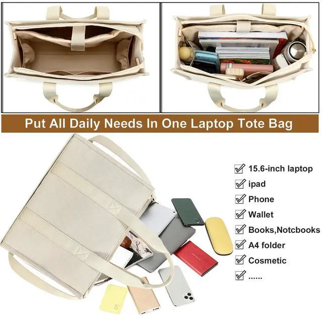 Alt view image 4 of 5 - Laptop Tote Bag for Women Work 15.6 inch Canvas Shoulder Bags Computer Messenger Purse Teacher Handbag Office Briefcase (Z-Beige)