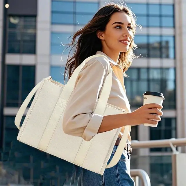Alt view image 2 of 5 - Laptop Tote Bag for Women Work 15.6 inch Canvas Shoulder Bags Computer Messenger Purse Teacher Handbag Office Briefcase (Z-Beige)