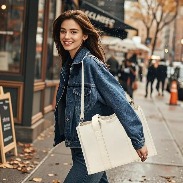 Alt view image 5 of 5 - Laptop Tote Bag for Women Work 15.6 inch Canvas Shoulder Bags Computer Messenger Purse Teacher Handbag Office Briefcase (Z-Beige)