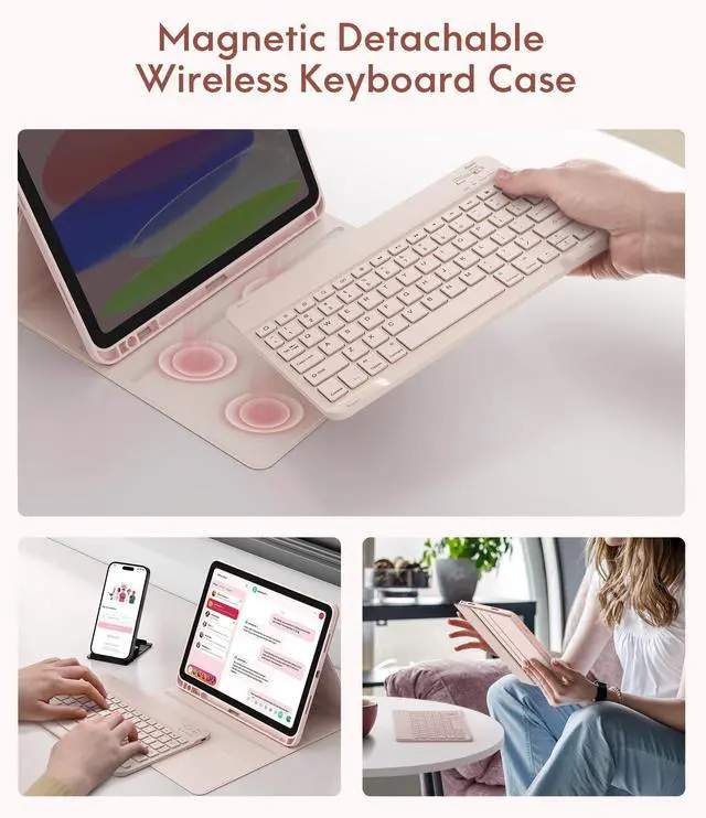 Alt view image 4 of 5 - CHESONA Keyboard Case for iPad (A16) 11th/10th Generation (2025/2022), Detachable Wireless Keyboard, Stand Folio Keyboard Cover with Pencil Holder, Thin & Light (Pale Pink)