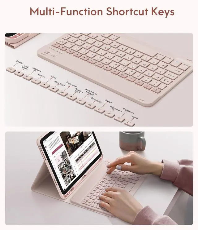 Alt view image 5 of 5 - CHESONA Keyboard Case for iPad (A16) 11th/10th Generation (2025/2022), Detachable Wireless Keyboard, Stand Folio Keyboard Cover with Pencil Holder, Thin & Light (Pale Pink)