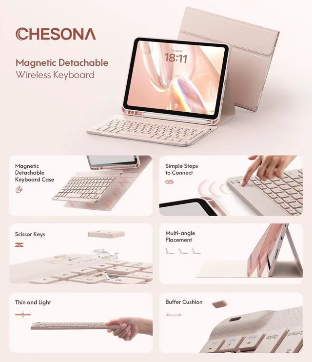Alt view image 3 of 5 - CHESONA Keyboard Case for iPad (A16) 11th/10th Generation (2025/2022), Detachable Wireless Keyboard, Stand Folio Keyboard Cover with Pencil Holder, Thin & Light (Pale Pink)
