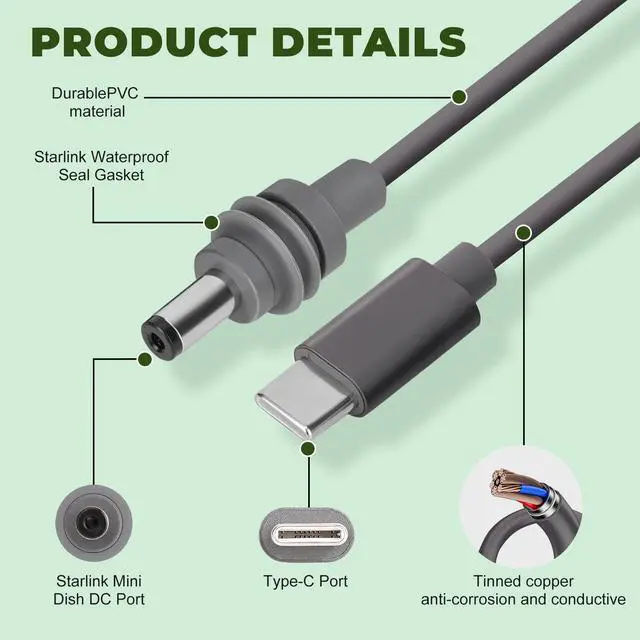 Alt view image 5 of 5 - CHENXRN Starlink Mini Cable 5M/16.5FT, Starlink Mini USB-C to DC Power Cable Cord 100W USB Type C Input, Waterproof Barrel DC Jack for Starlink Mini Work with 100W+ PD Source