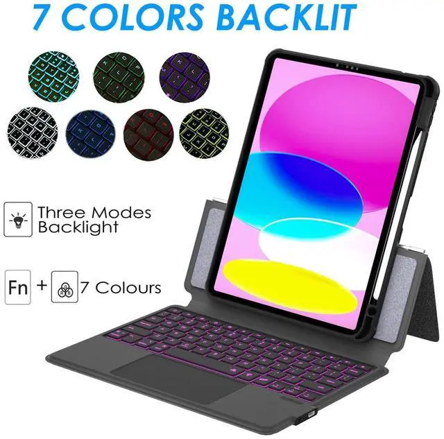 Alt view image 5 of 5 - eoso iPad 10.9 Keyboard Case for iPad 10th Gen 2022 - 7 Color Backlight, Touchpad Detachable Slim Cover with Pencil Holder (10.9", Black)