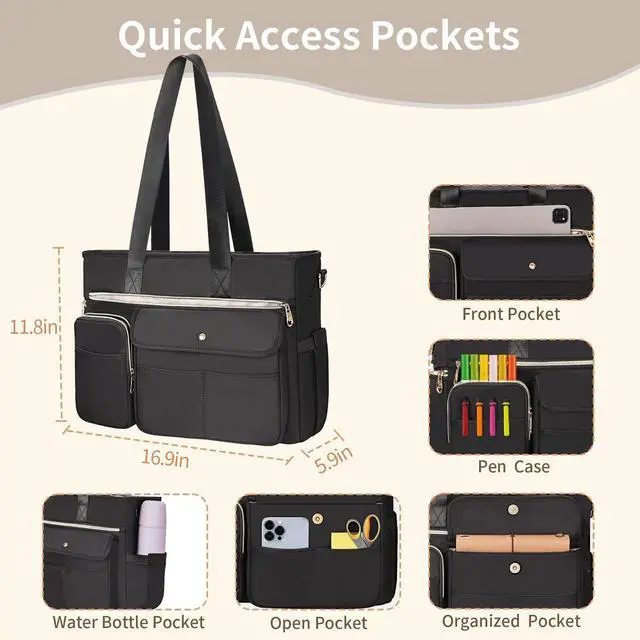 Alt view image 5 of 5 - ESTARER Women Laptop Tote Bag 2Pcs, 15.6'' Teacher Work Bag Computer bag w/Expandable File Folder, Large Water-Resistant Messenger Shoulder bag w/Insulated Pocket for Office/Travel/College, Black