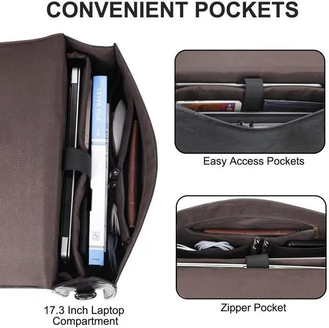 Alt view image 3 of 5 - ESTARER Mens Leather Briefcase 17.3 Inch Laptop Messenger Bag, Water-Resistant Computer Messenger Shoulder Bag for Work/Office/College, Black