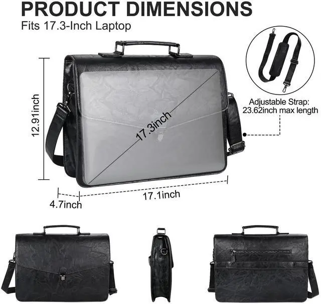 Alt view image 4 of 5 - ESTARER Mens Leather Briefcase 17.3 Inch Laptop Messenger Bag, Water-Resistant Computer Messenger Shoulder Bag for Work/Office/College, Black