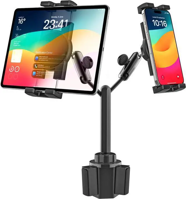 Main image of GDZN Dual Tablet Holder for Car Cup Holder - Heavy Duty [Double Metal Arm] Truck Tablet Cup Holder for iPad Pro 12.9, Galaxy Tab, Fire, 4.7-13" Tablets and Phones