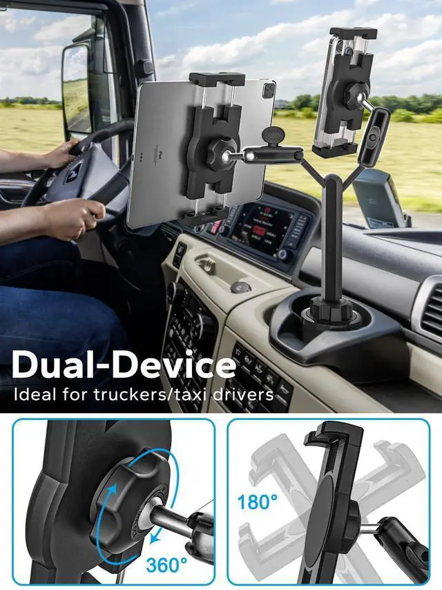 Alt view image 4 of 5 - GDZN Dual Tablet Holder for Car Cup Holder - Heavy Duty [Double Metal Arm] Truck Tablet Cup Holder for iPad Pro 12.9, Galaxy Tab, Fire, 4.7-13" Tablets and Phones