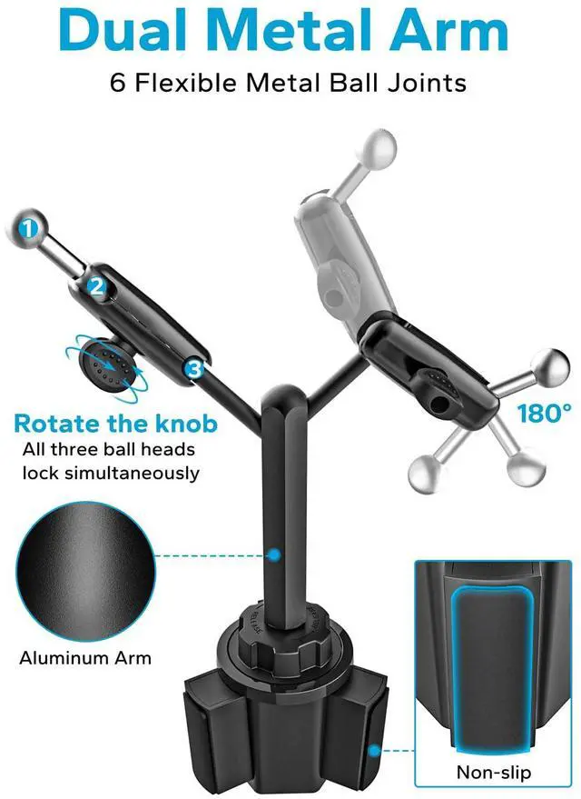 Alt view image 5 of 5 - GDZN Dual Tablet Holder for Car Cup Holder - Heavy Duty [Double Metal Arm] Truck Tablet Cup Holder for iPad Pro 12.9, Galaxy Tab, Fire, 4.7-13" Tablets and Phones