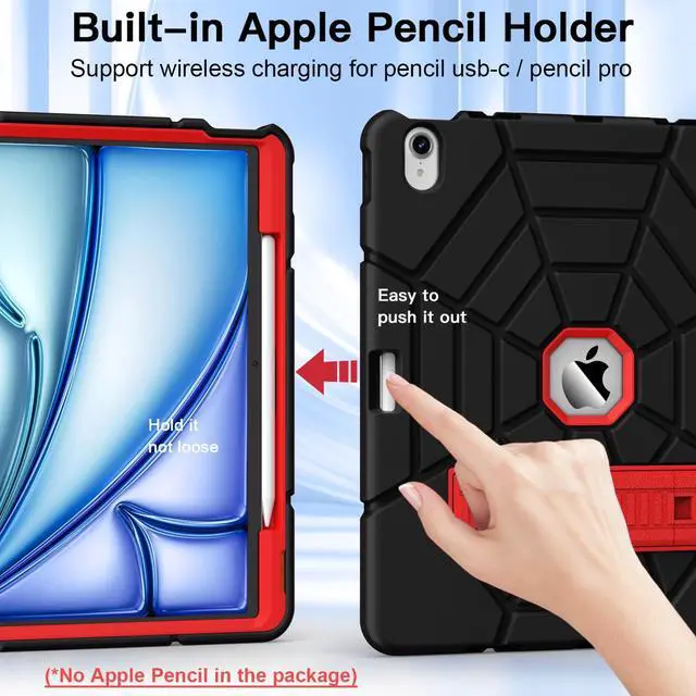 Alt view image 3 of 5 - Grifobes for iPad Air 13 inch (M3/M2) 2025/2024, Heavy Duty Shockproof Rugged Protective Cover with Pencil Holder Built-in Stand for i Pad Air 6th Gen 13" for Kids Boys (Black+Red)