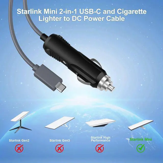 Alt view image 2 of 5 - HVMKSR Starlink Mini Power Cable USB C+Cigarette Adapter to DC Power Cord 100W, Car Charger and Type-C for Starlink Mini 16.4FT/5M 12V-24V DC Power Cord
