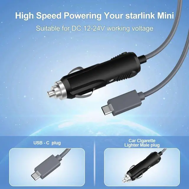Alt view image 3 of 5 - HVMKSR Starlink Mini Power Cable USB C+Cigarette Adapter to DC Power Cord 100W, Car Charger and Type-C for Starlink Mini 16.4FT/5M 12V-24V DC Power Cord